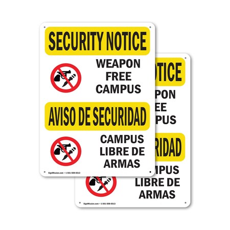 Signmission Weapon Free Campus Bilingual OSHA Security Notice Sign, Plastic, 7in W x 10in L, 2PK OS-2PACK-SN-P-710-L-11682